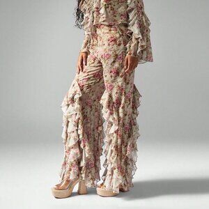Multicolor Boho Women's Floral Ruffled Bell Bottom Pants